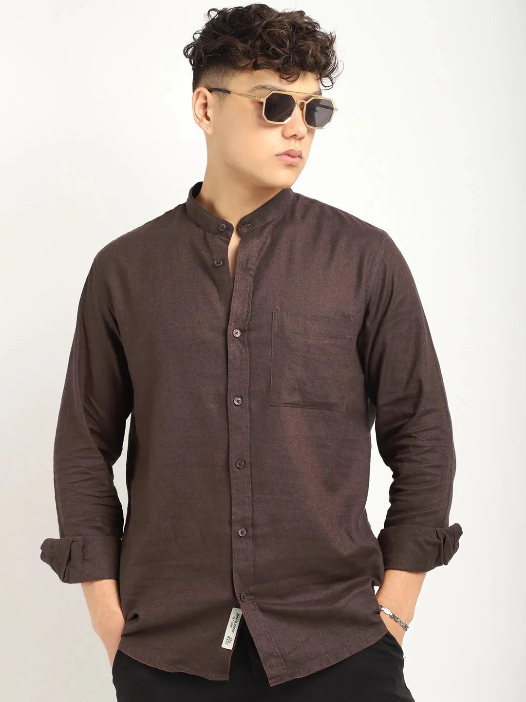 Fabric linen Blend Brown Full Sleeve Shirt