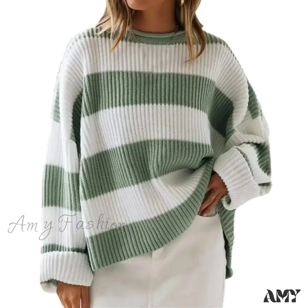 Fall Winter Colorblock Knitted Thick Loose Warm Elastic Cozy Sweater