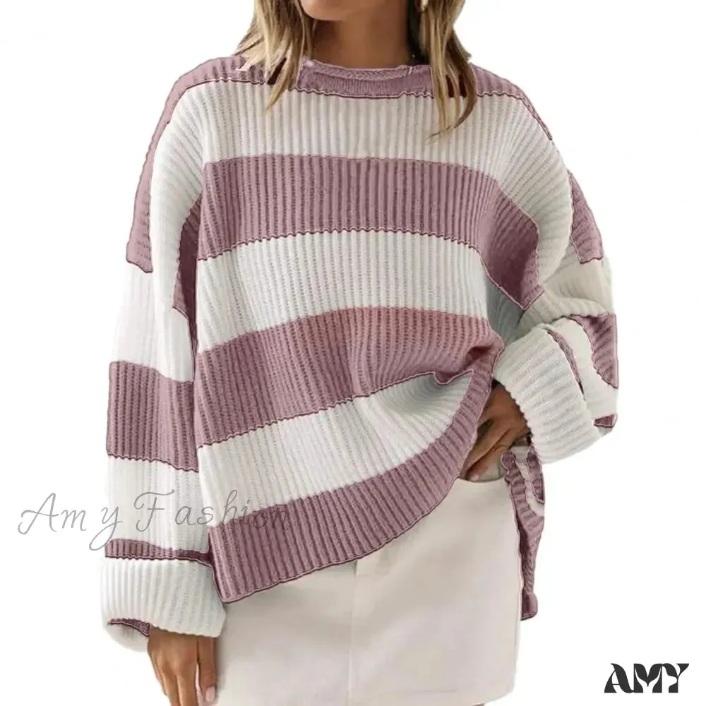 Fall Winter Colorblock Knitted Thick Loose Warm Elastic Cozy Sweater