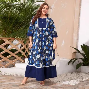 FashionSierra - New Women Summer Long Dress Plus Size Holiday Style Blue Vintage Casual Botton Floral Print Loose Dresses Half Sleeves