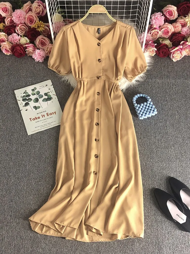 Female Clothing New Korean Version Loose Short Sleeve Dress with Waist Wrapped Cardigan Style Long Dress Formal Occasion Dresses