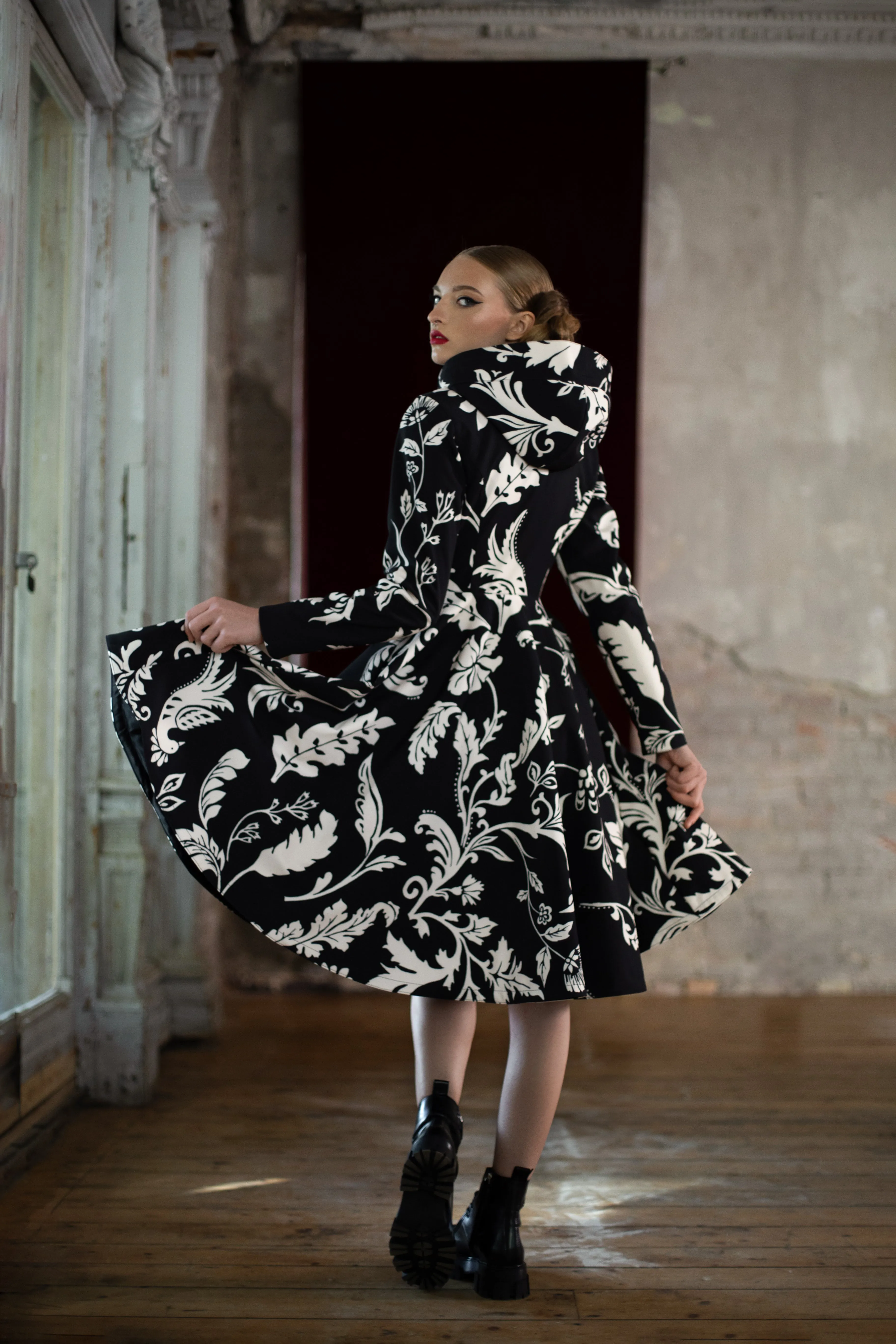 Fit and Flare Coat with Full Circle Skirt in Black and White | 'Blooming Night'