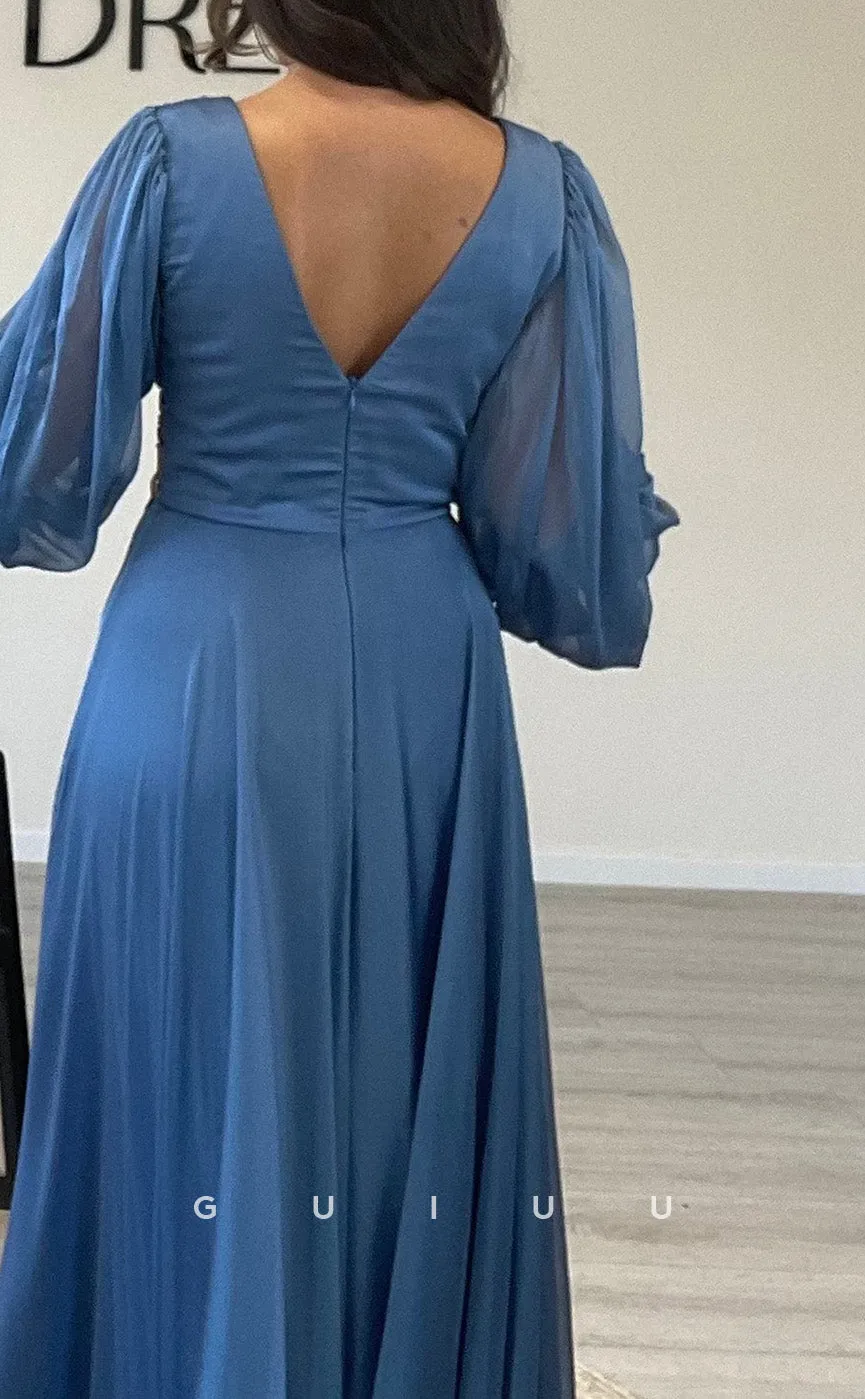 G3527 - Chic & Modern A-Line V-Neck Long Sleeves High Side Slit Pleated Draped Beaded Cut Outs Floor-Length Party Gown Prom Dress