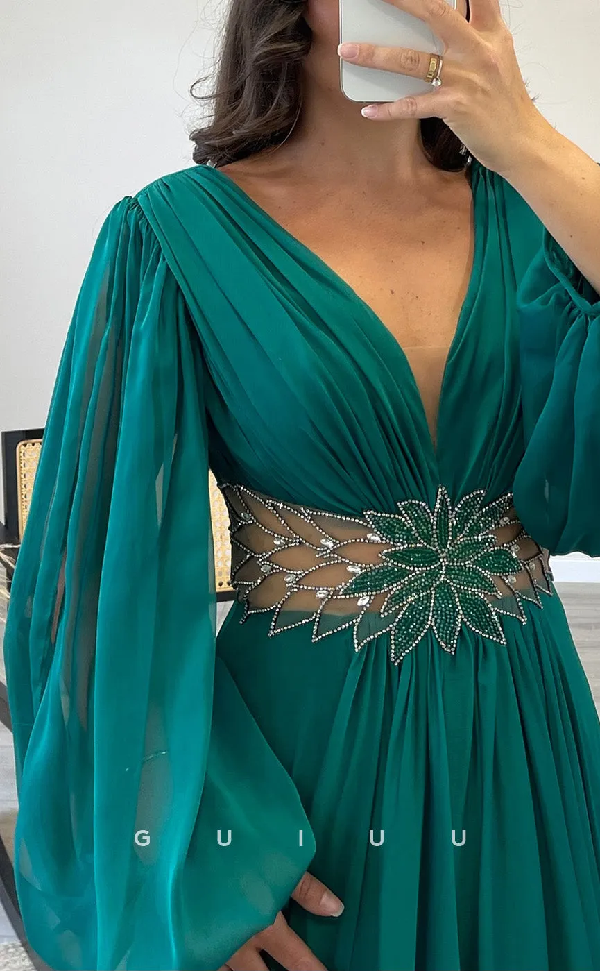 G3527 - Chic & Modern A-Line V-Neck Long Sleeves High Side Slit Pleated Draped Beaded Cut Outs Floor-Length Party Gown Prom Dress