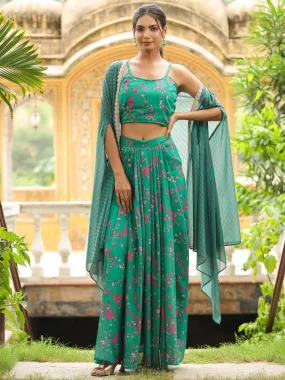 Green Georgette Floral Print Skirt Set