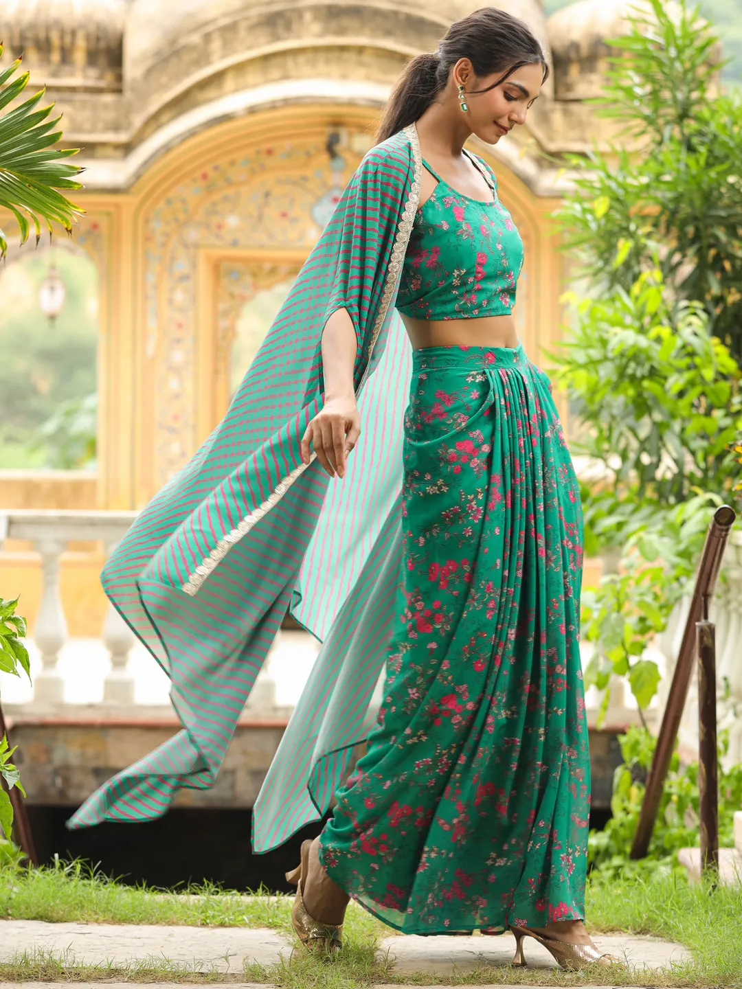 Green Georgette Floral Print Skirt Set