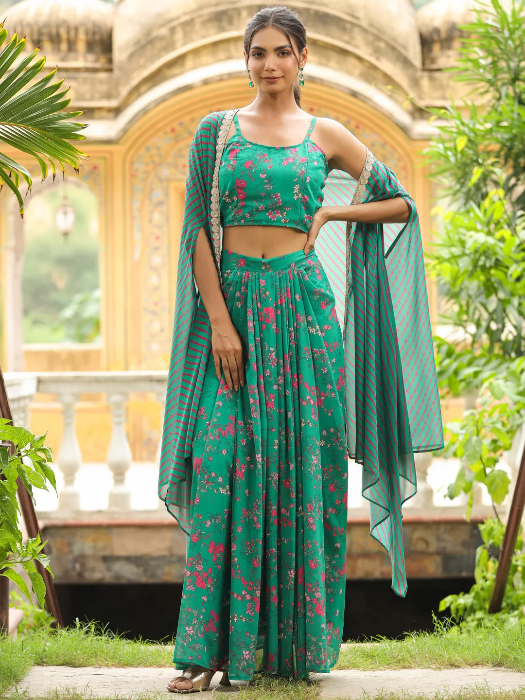 Green Georgette Floral Print Skirt Set