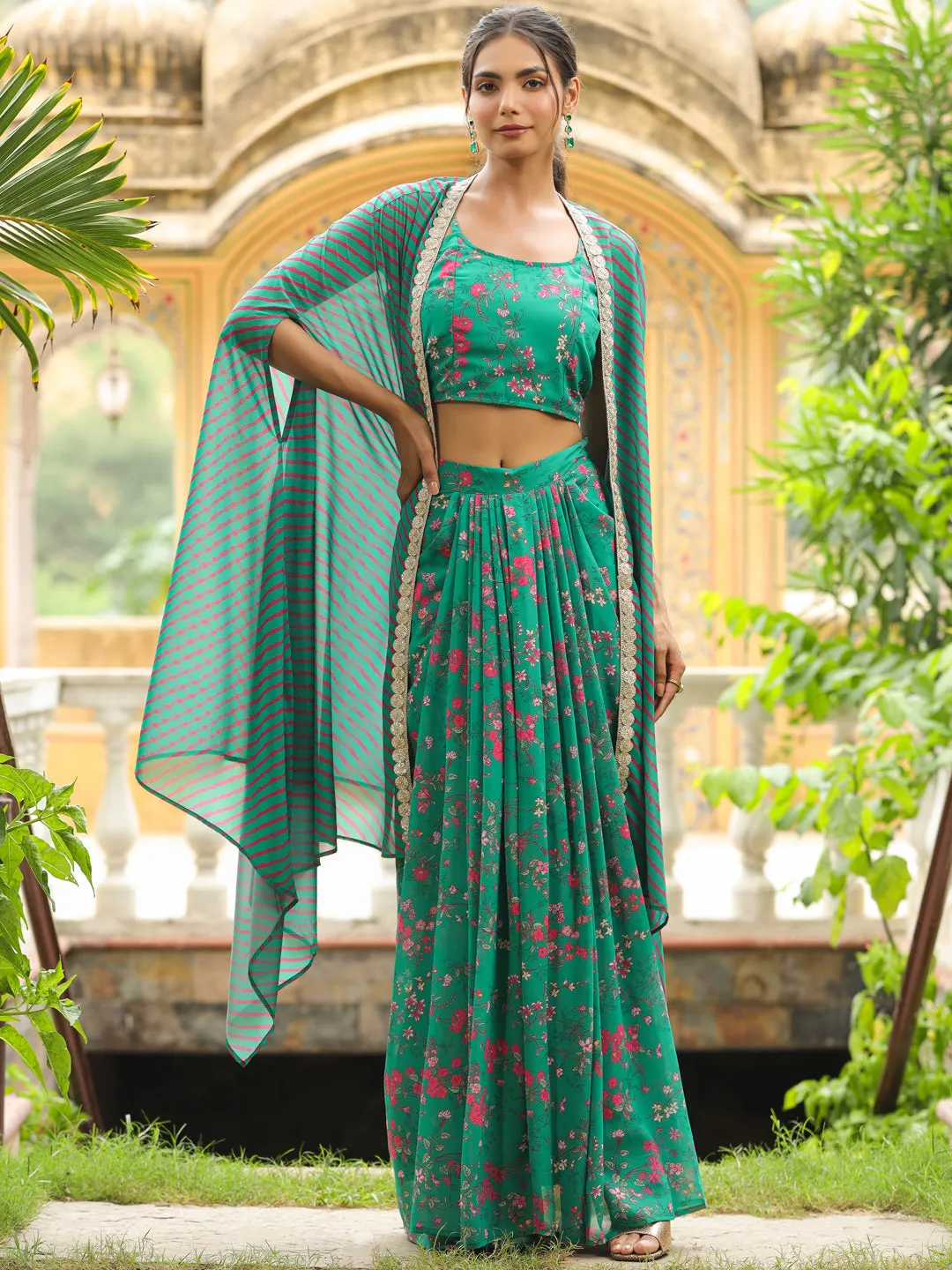 Green Georgette Floral Print Skirt Set