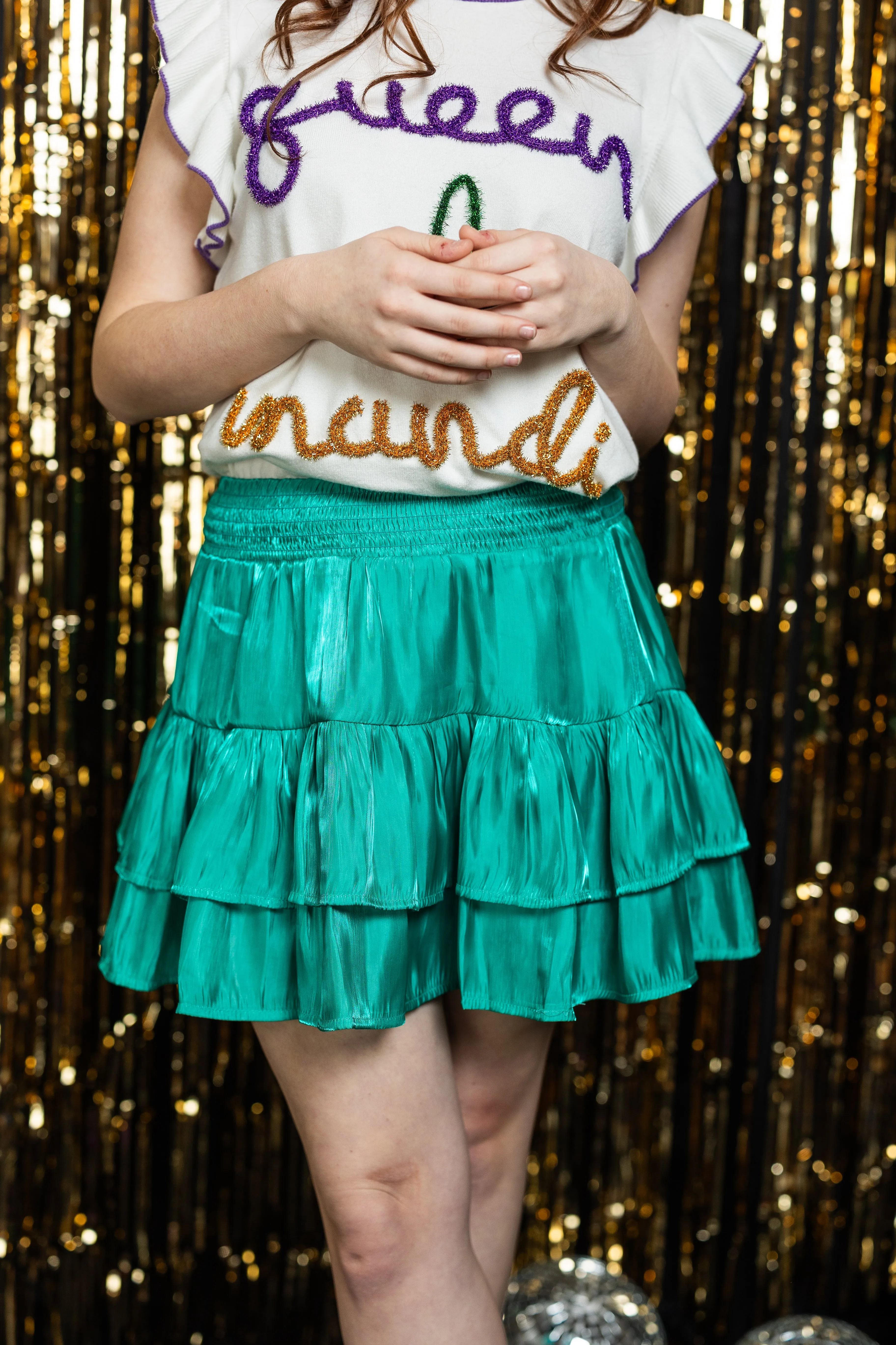 Green Satin Layered Ruffle Mardi Gras Skirt by Umgee Clothing