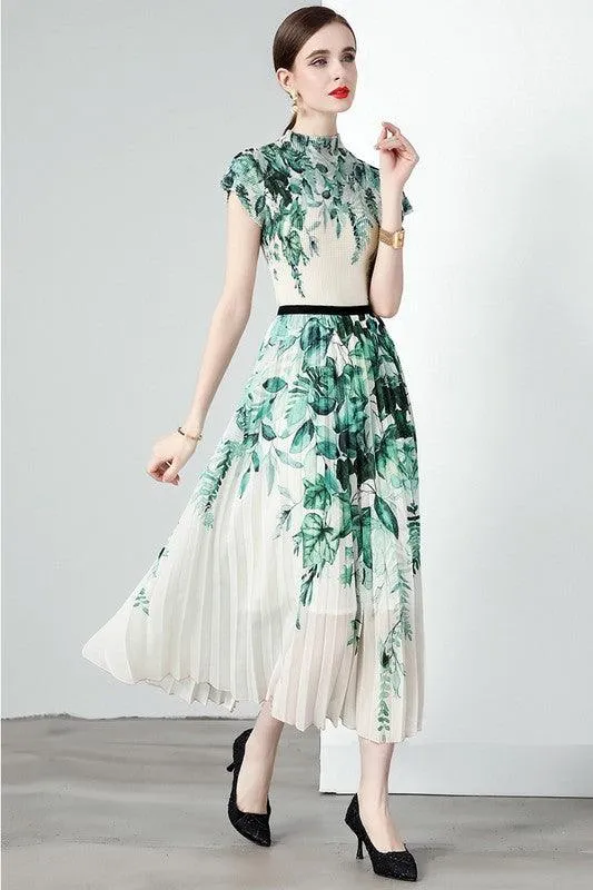 Green White Floral Pleated 2PC Outfit