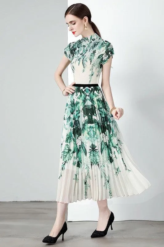 Green White Floral Pleated 2PC Outfit