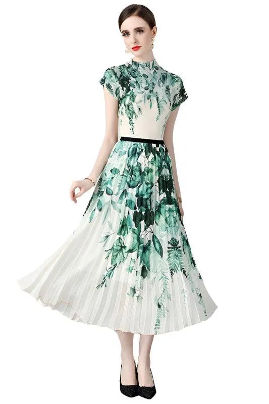 Green White Floral Pleated 2PC Outfit