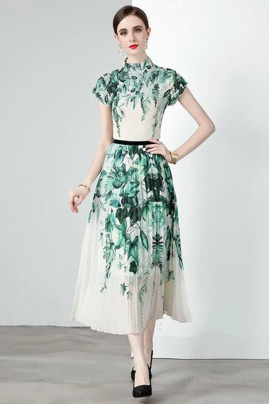 Green White Floral Pleated 2PC Outfit