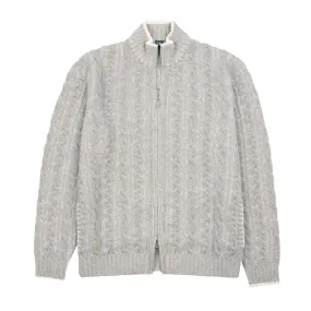 Grey Cable Knit Zip Wool and Cashmere Cardigan