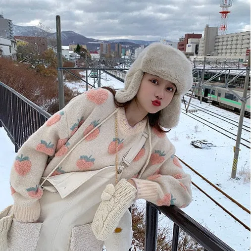 Harajuku Kawaii Fashion Peach Strawberry Winter Knit Sweater