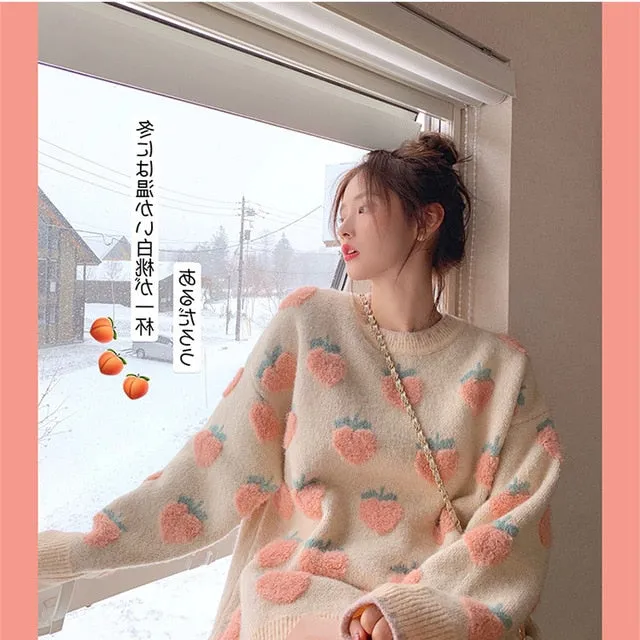 Harajuku Kawaii Fashion Peach Strawberry Winter Knit Sweater