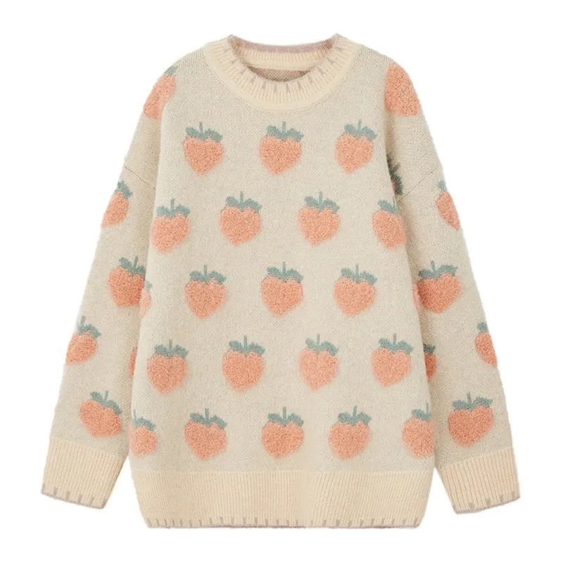 Harajuku Kawaii Fashion Peach Strawberry Winter Knit Sweater