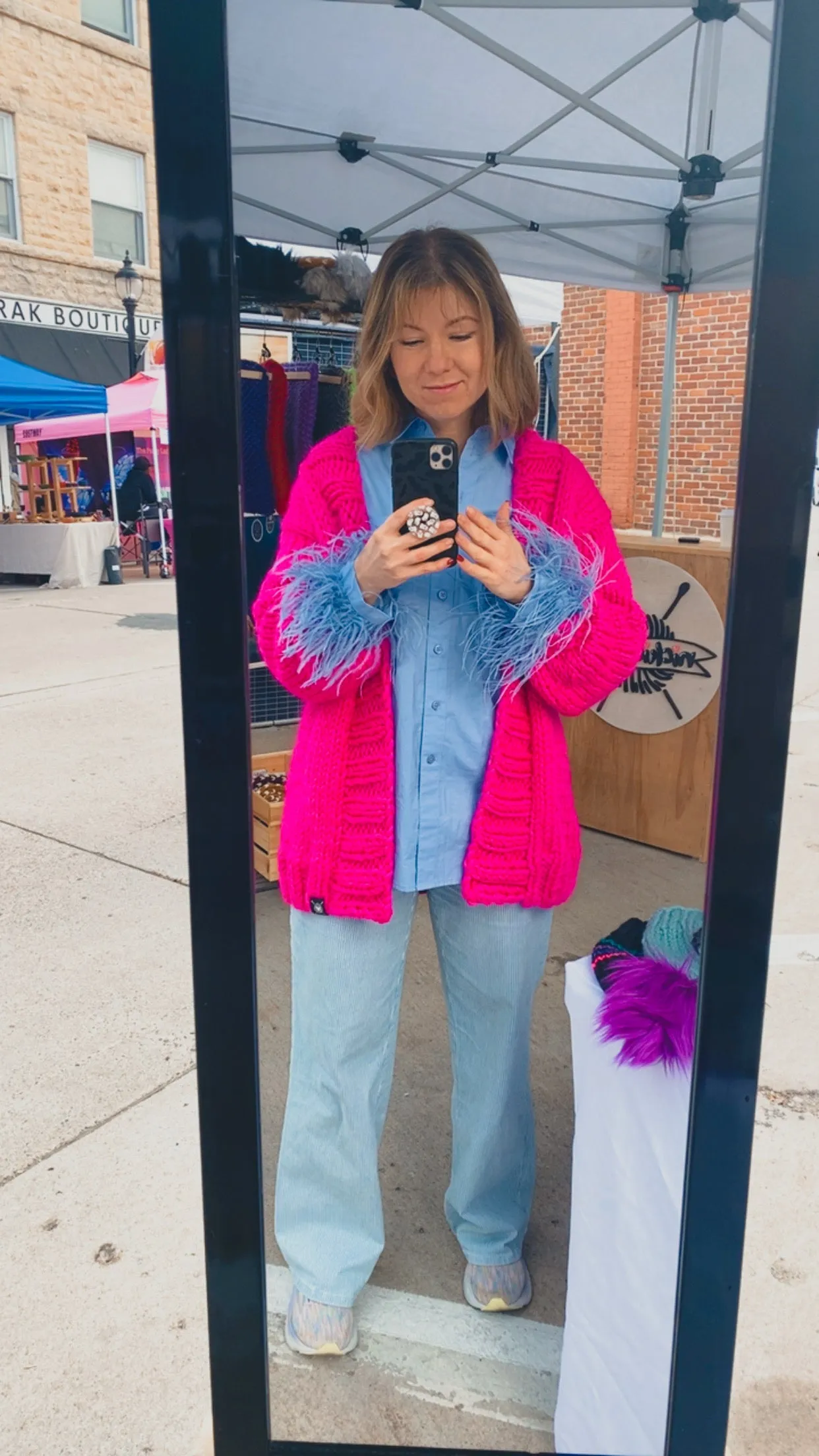 Heartbreaker Cardigan Sweater: Neon Pink   Sky Blue