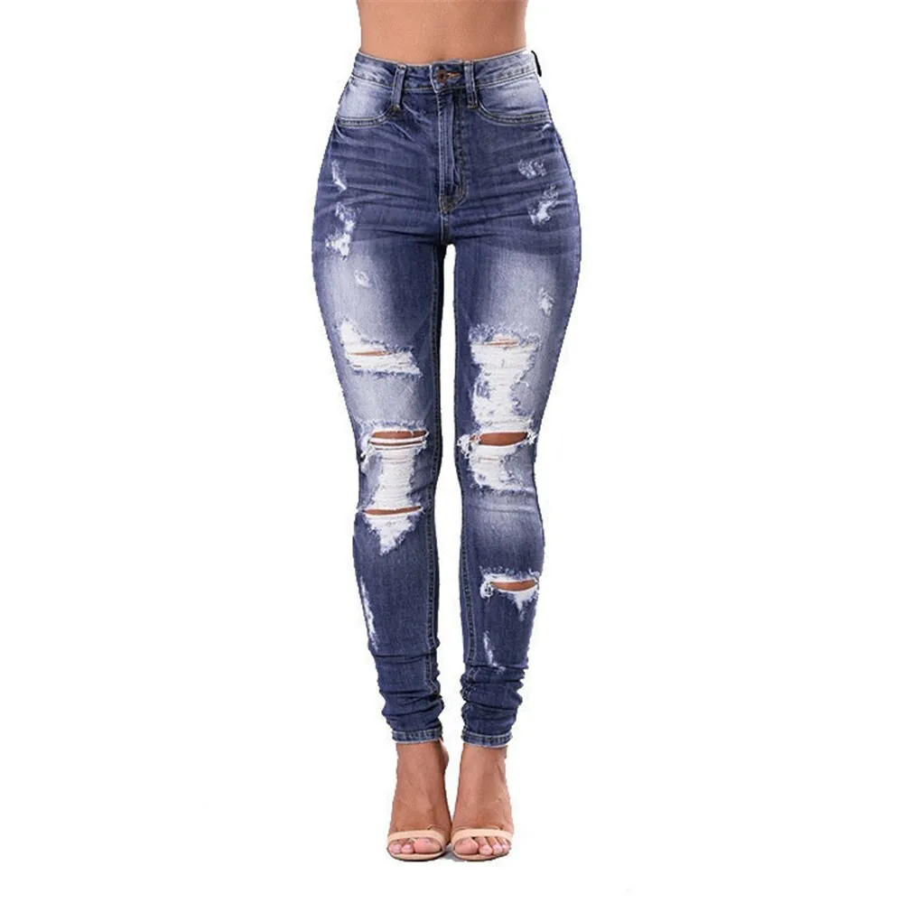 High Waist Women Slim Hole Ripped Denim Jeans Casual Stretch Skinny Trousers Jeans