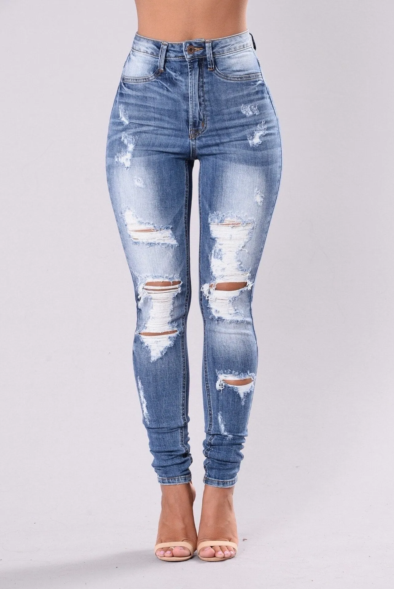 High Waist Women Slim Hole Ripped Denim Jeans Casual Stretch Skinny Trousers Jeans