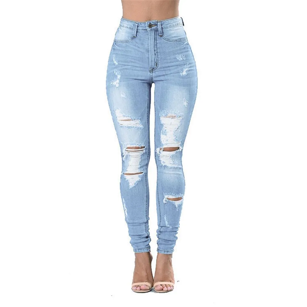 High Waist Women Slim Hole Ripped Denim Jeans Casual Stretch Skinny Trousers Jeans