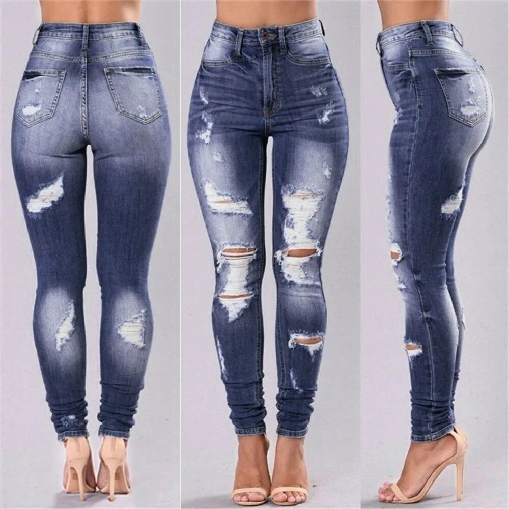 High Waist Women Slim Hole Ripped Denim Jeans Casual Stretch Skinny Trousers Jeans