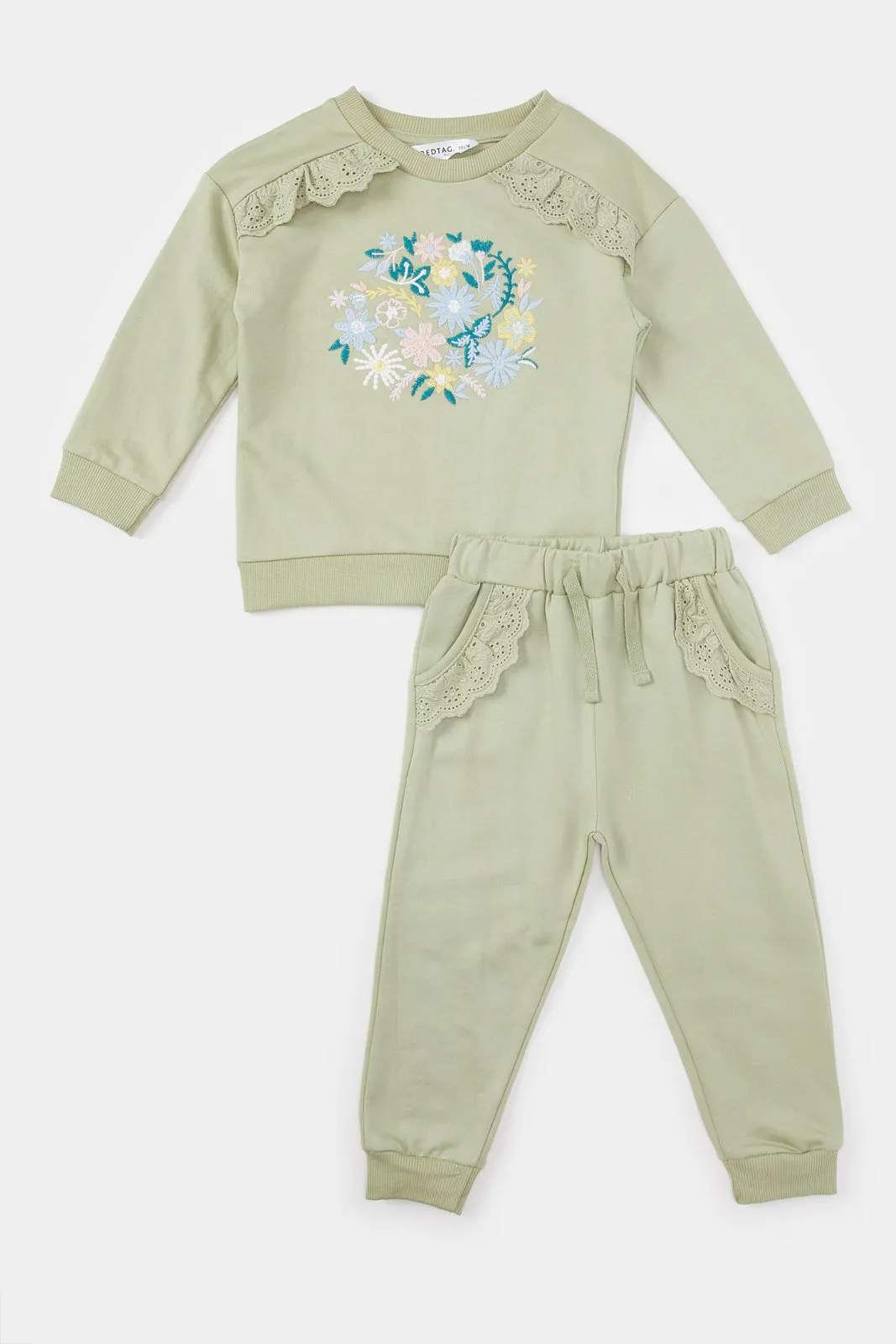 Infant Girls Floral Embroidery With Frills Jog Set (2 Piece)