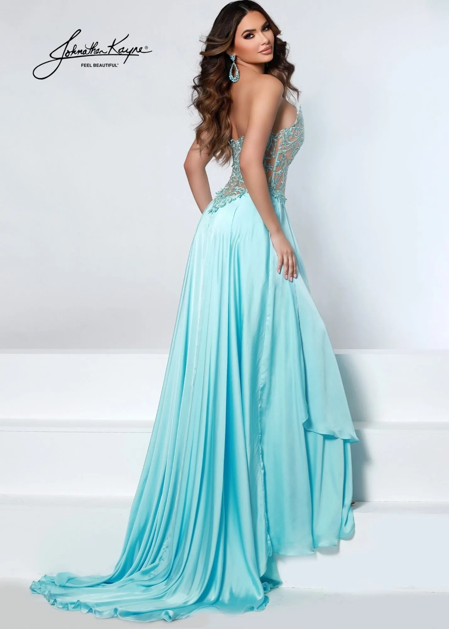 Johnathan Kayne 2554 Ice Blue Pageant Gown Size 00 Prom Dress Sheer Lace A Line Layered Skirt Long Train