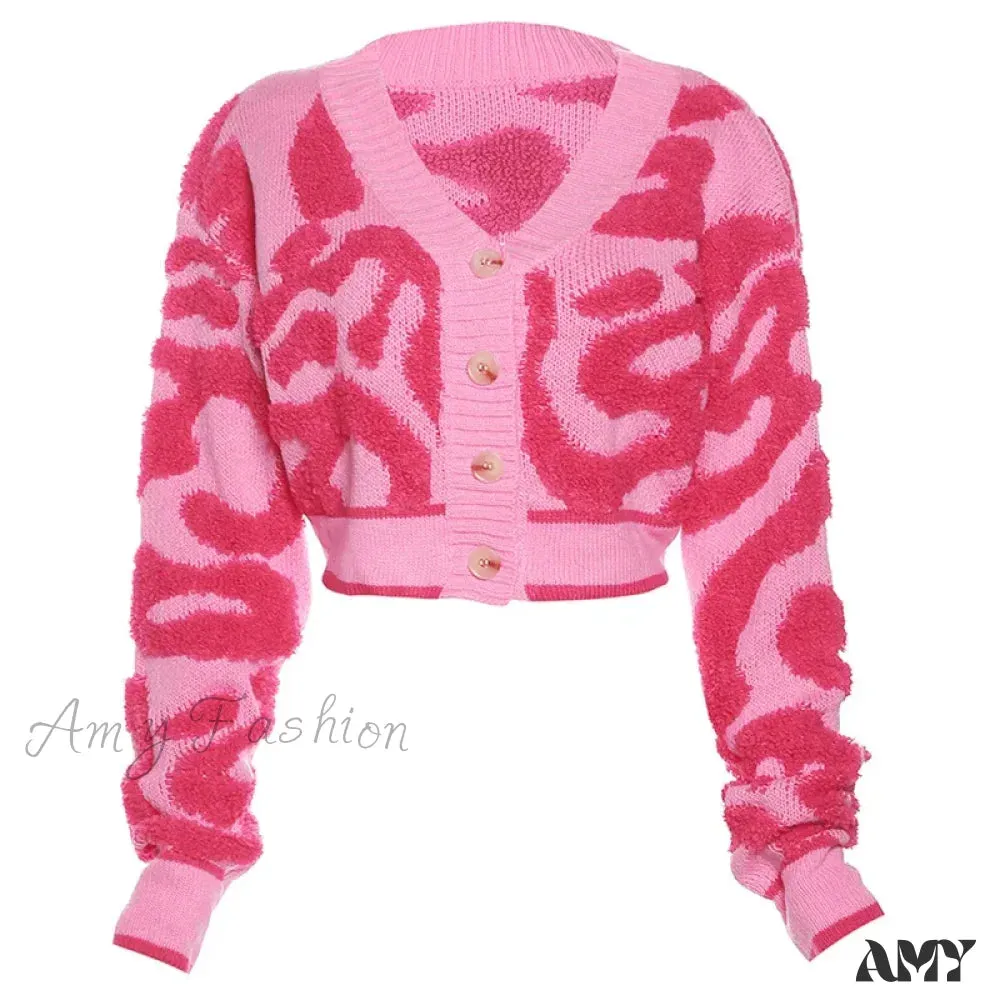 Knitted Color Patchwork Slim Short V Neck Long Sleeve Single Breasted Pink Casual Sweater