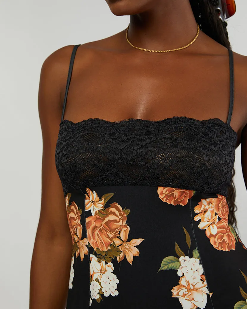 Lace Asymmetrical Neutral Floral Slip Dress