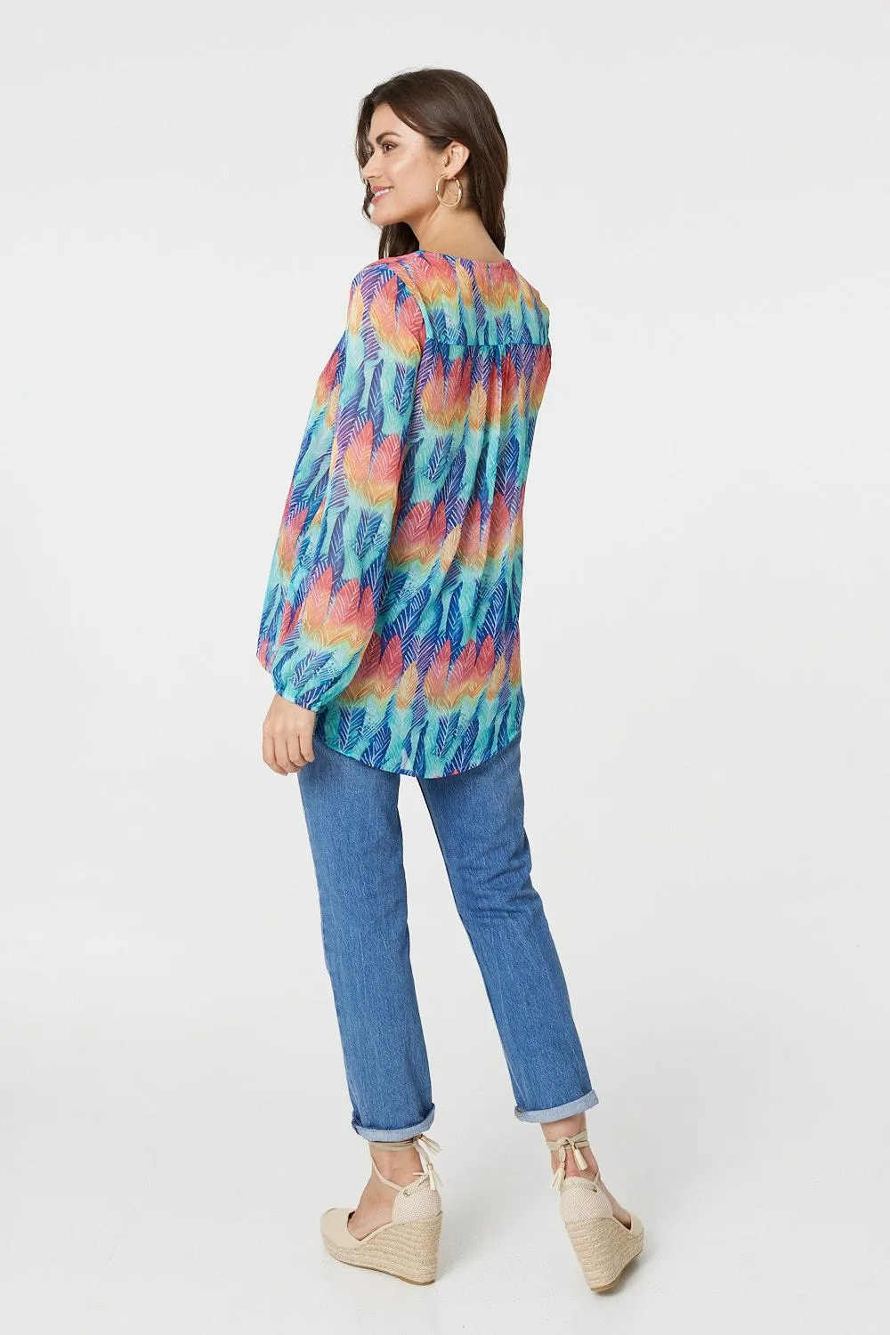 Leaf Print Long Sleeve Layered Hem Top