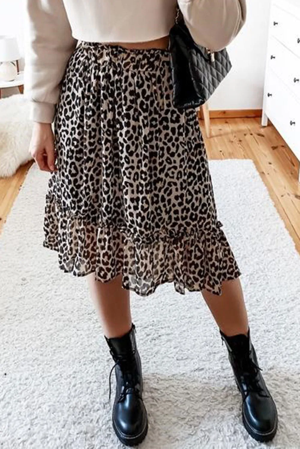 Leopard Print Black Tiered Midi Skirt