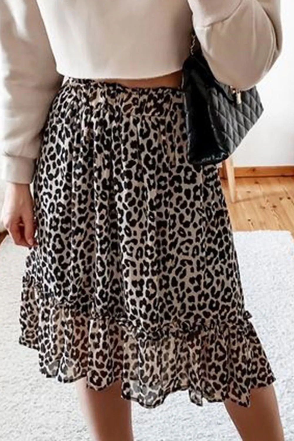 Leopard Print Black Tiered Midi Skirt