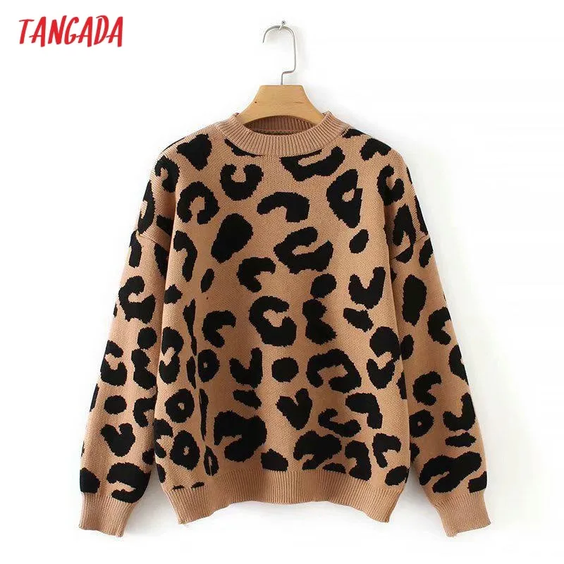 Leopard Print Knit Sweater with Long Sleeves