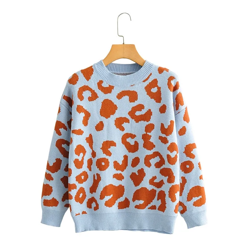 Leopard Print Knit Sweater with Long Sleeves