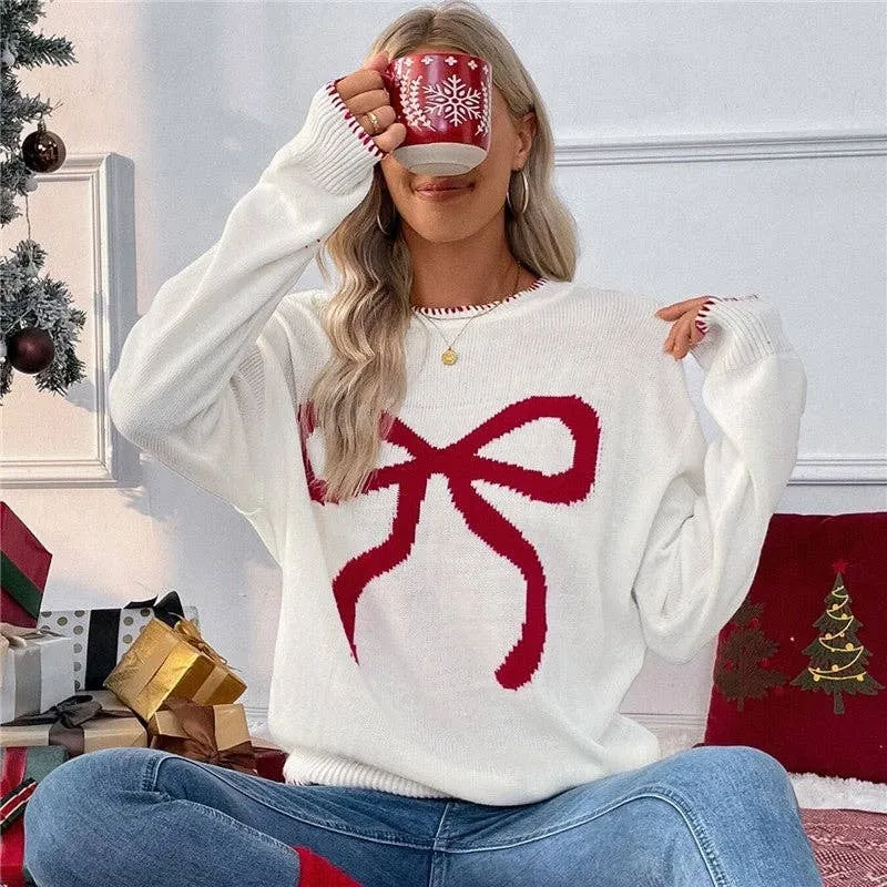 Loose-Fit Long Sleeve Red Bow Christmas Sweater