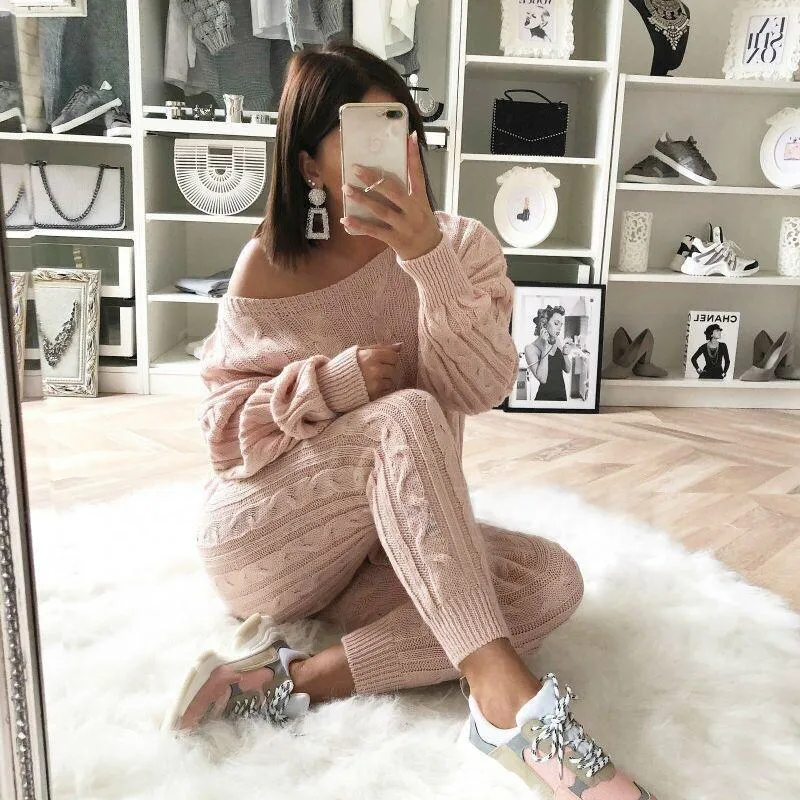 LW Plus Size Dropped Shoulder Knit Pants Set Women&#39;s Long Sleeve Knitted Casual Two-piece Sweater Long Sleeve Top Thick Sweaters