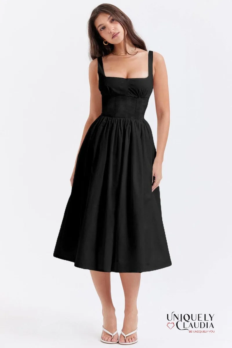 Maeve Square Neck Ruched Bust Midi Dress