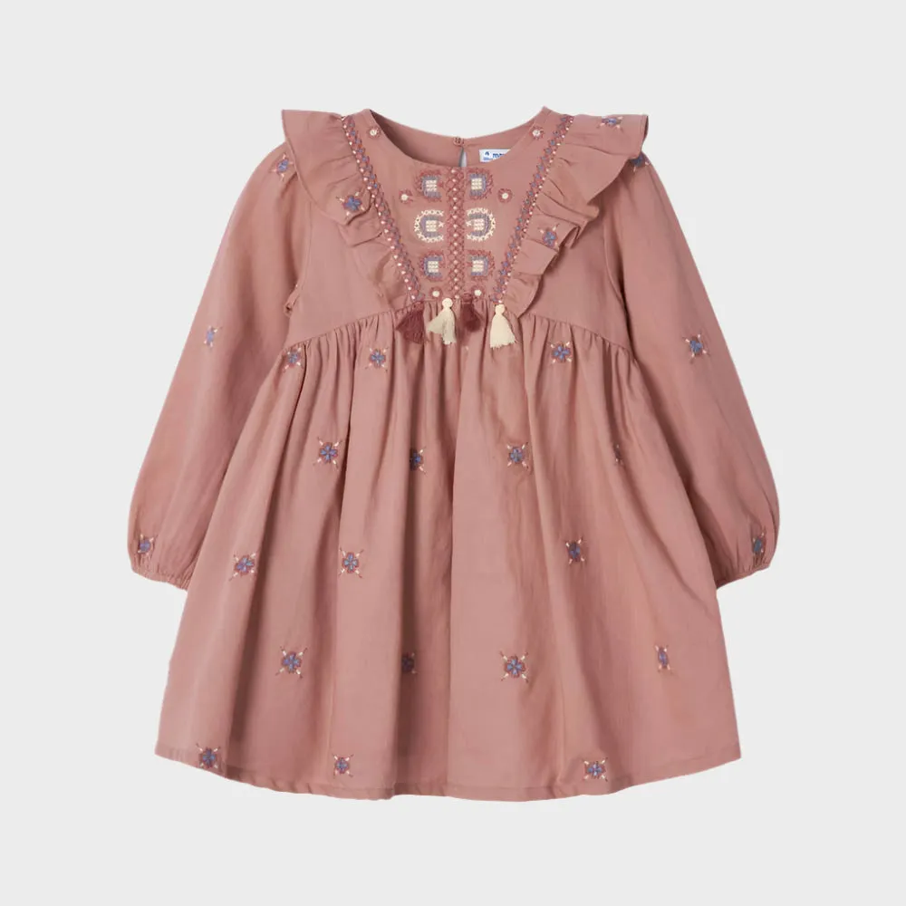 Mayoral Girls Embroidered Dress - Nude