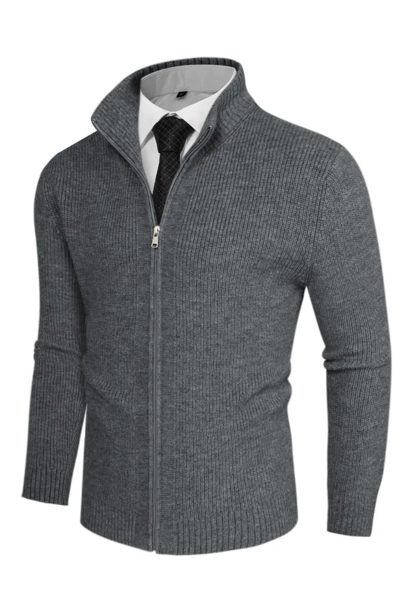 Men Stand Collar Textured Cardigan Long Sleeve Zip-up Sweater Knitwear