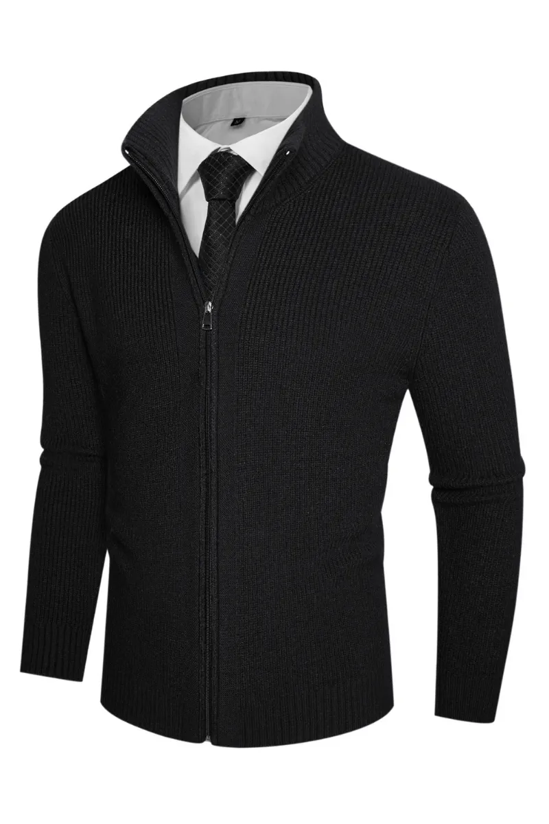 Men Stand Collar Textured Cardigan Long Sleeve Zip-up Sweater Knitwear