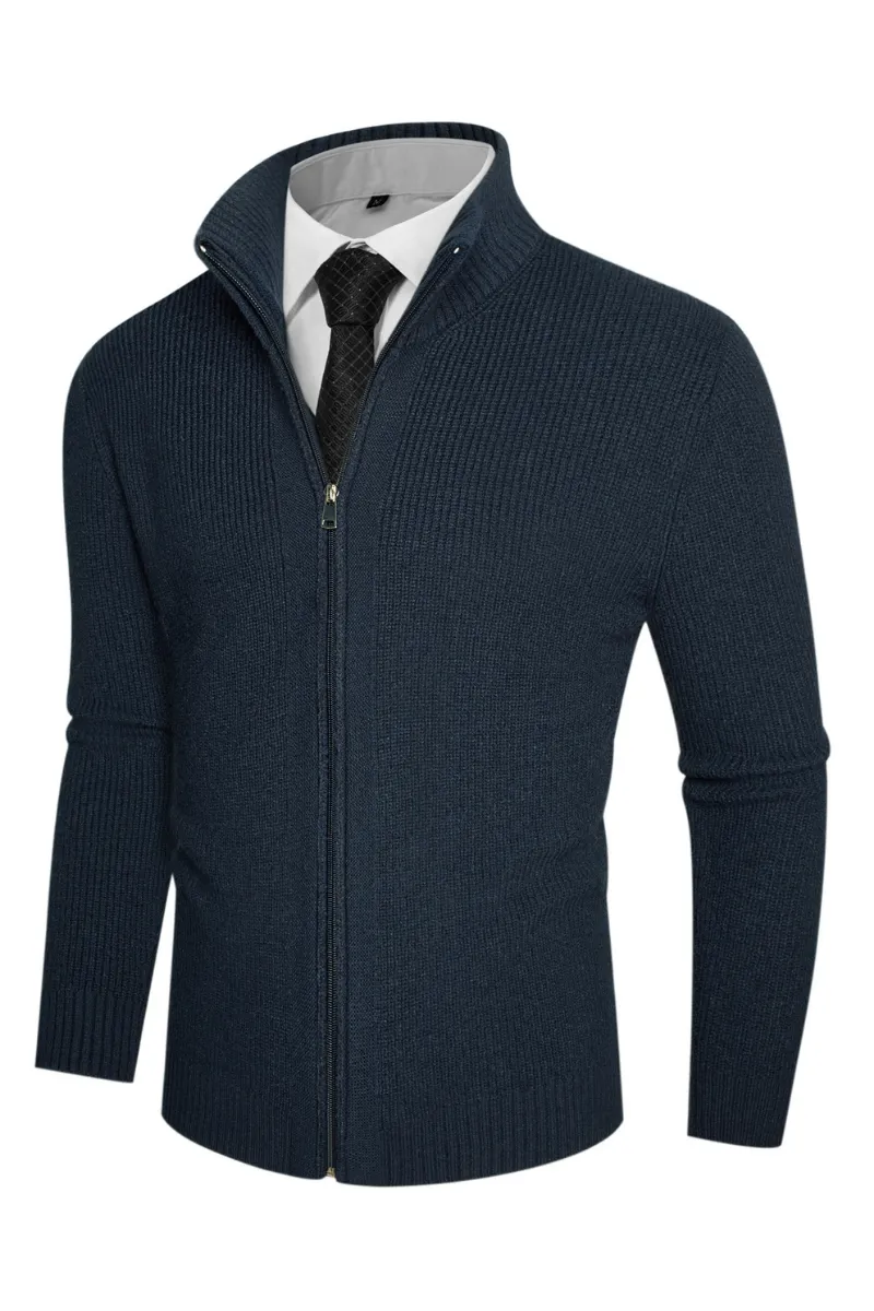 Men Stand Collar Textured Cardigan Long Sleeve Zip-up Sweater Knitwear