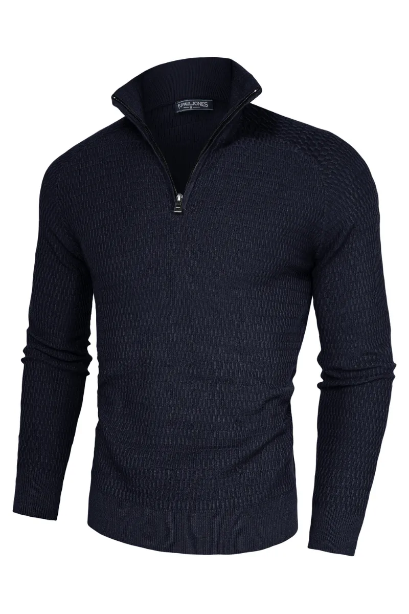 Men Textured Sweater Long Raglan Sleeve Stand Collar Ribbed Cuff Pullover