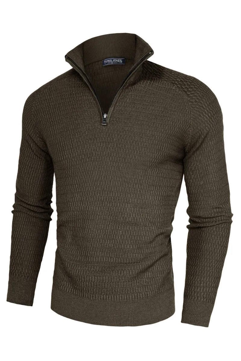 Men Textured Sweater Long Raglan Sleeve Stand Collar Ribbed Cuff Pullover