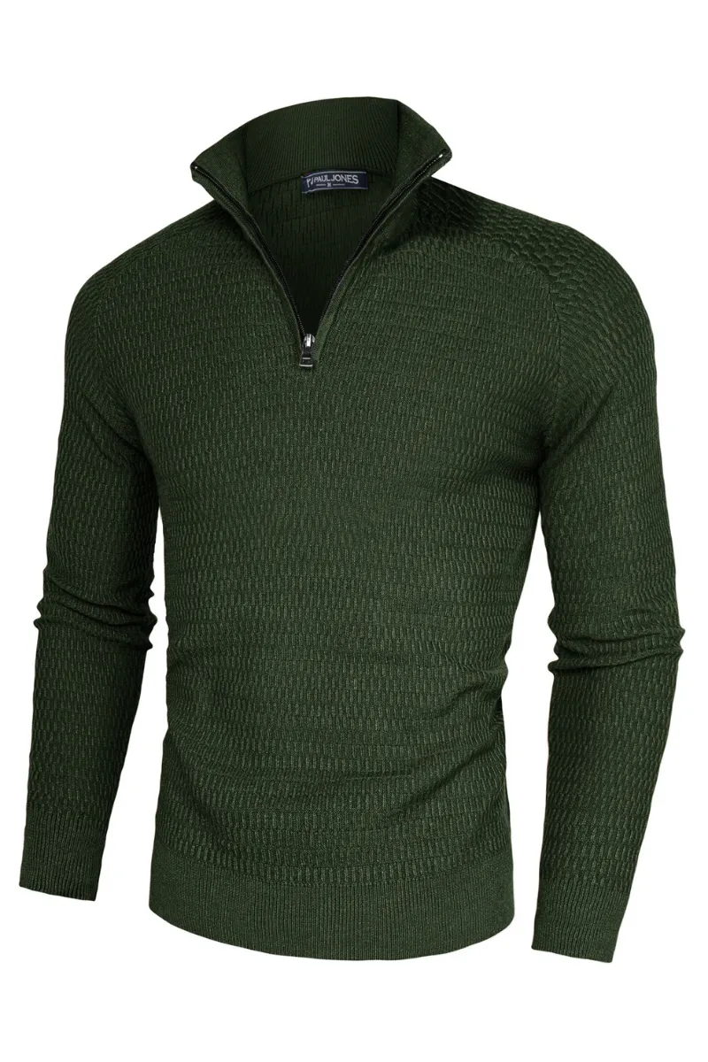 Men Textured Sweater Long Raglan Sleeve Stand Collar Ribbed Cuff Pullover