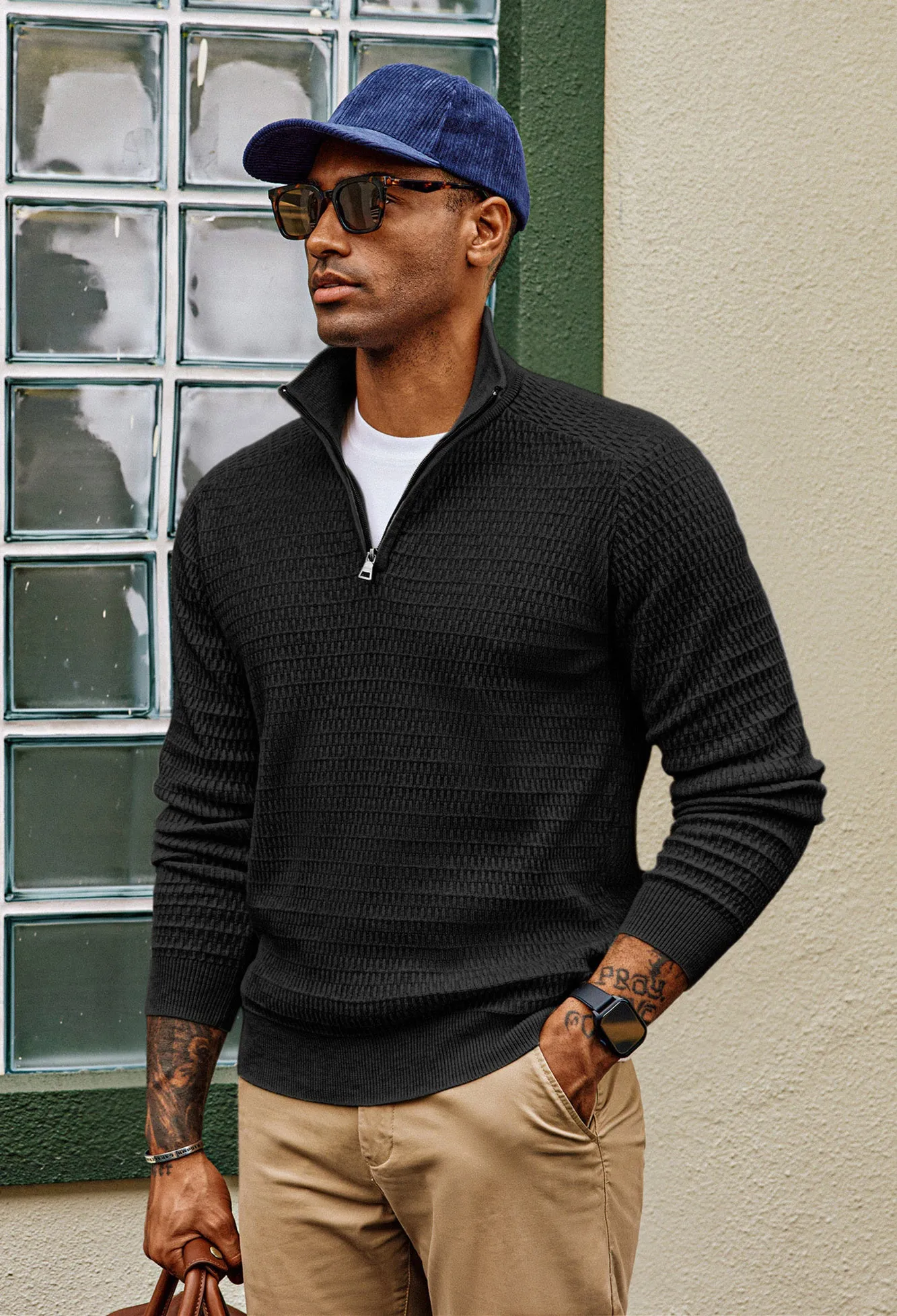 Men Textured Sweater Long Raglan Sleeve Stand Collar Ribbed Cuff Pullover