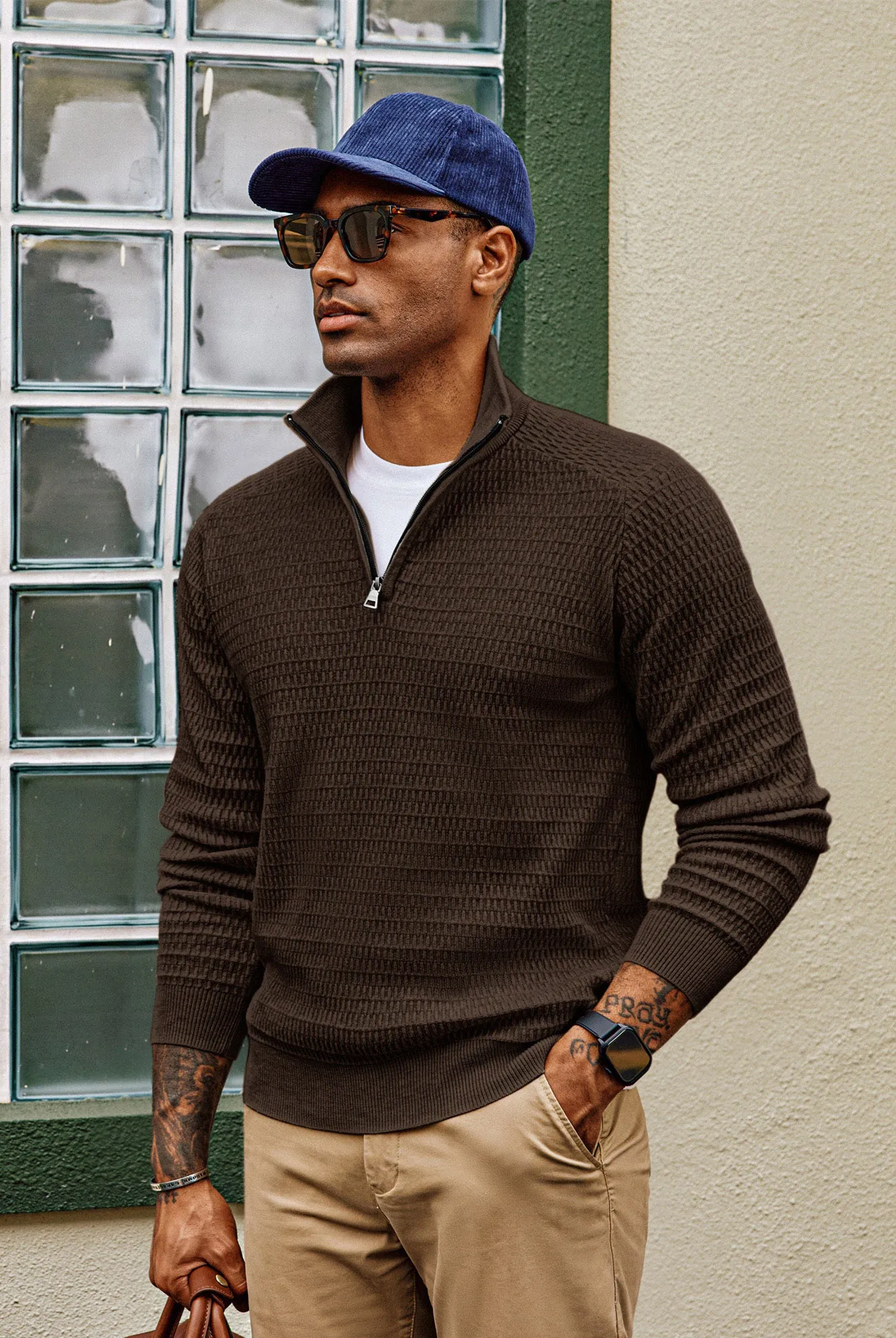 Men Textured Sweater Long Raglan Sleeve Stand Collar Ribbed Cuff Pullover