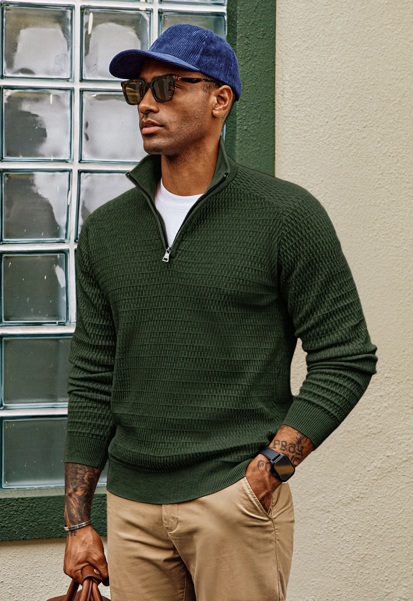 Men Textured Sweater Long Raglan Sleeve Stand Collar Ribbed Cuff Pullover