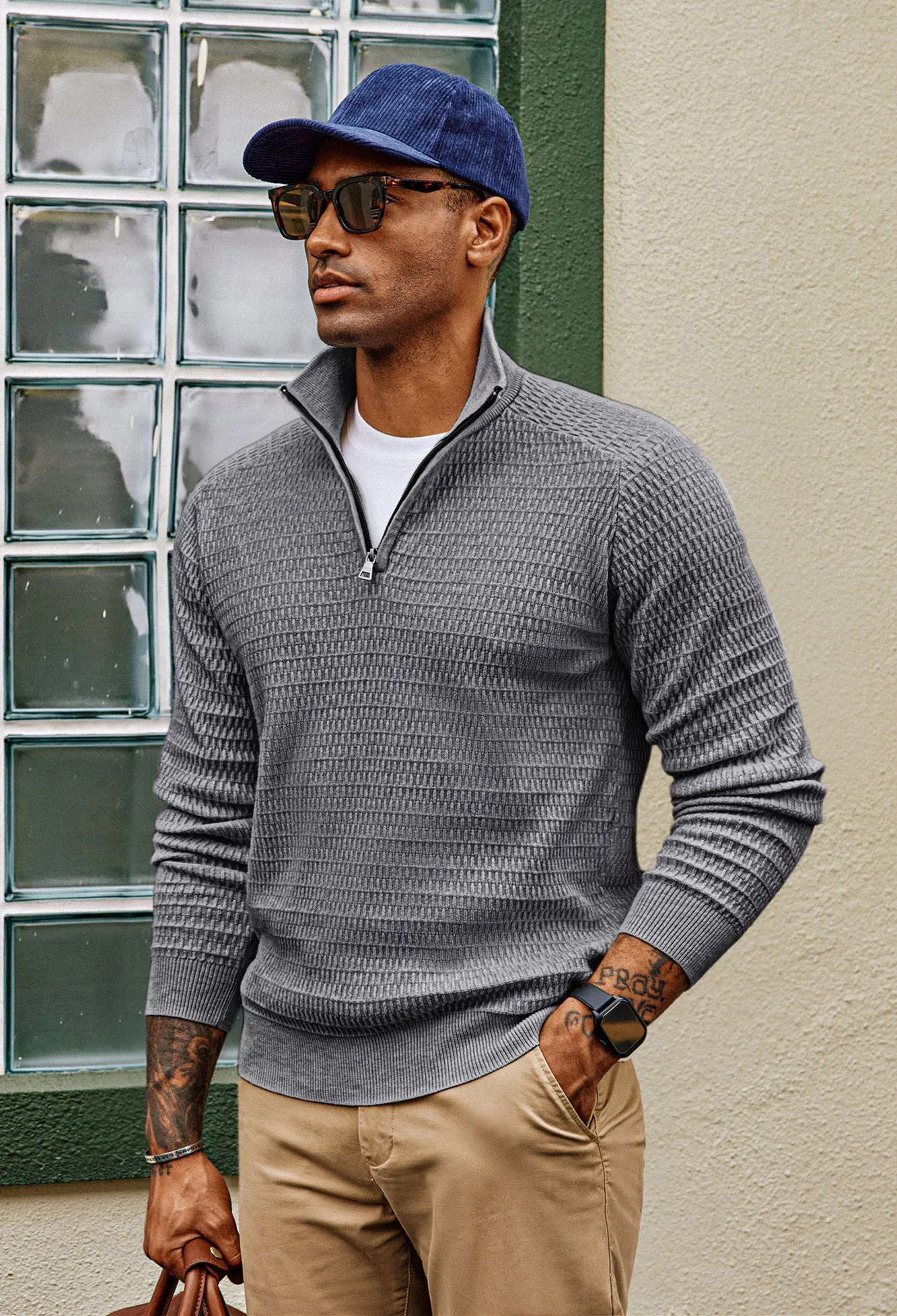 Men Textured Sweater Long Raglan Sleeve Stand Collar Ribbed Cuff Pullover