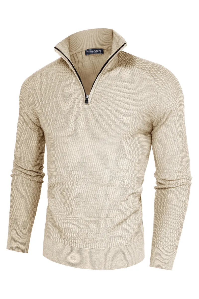 Men Textured Sweater Long Raglan Sleeve Stand Collar Ribbed Cuff Pullover